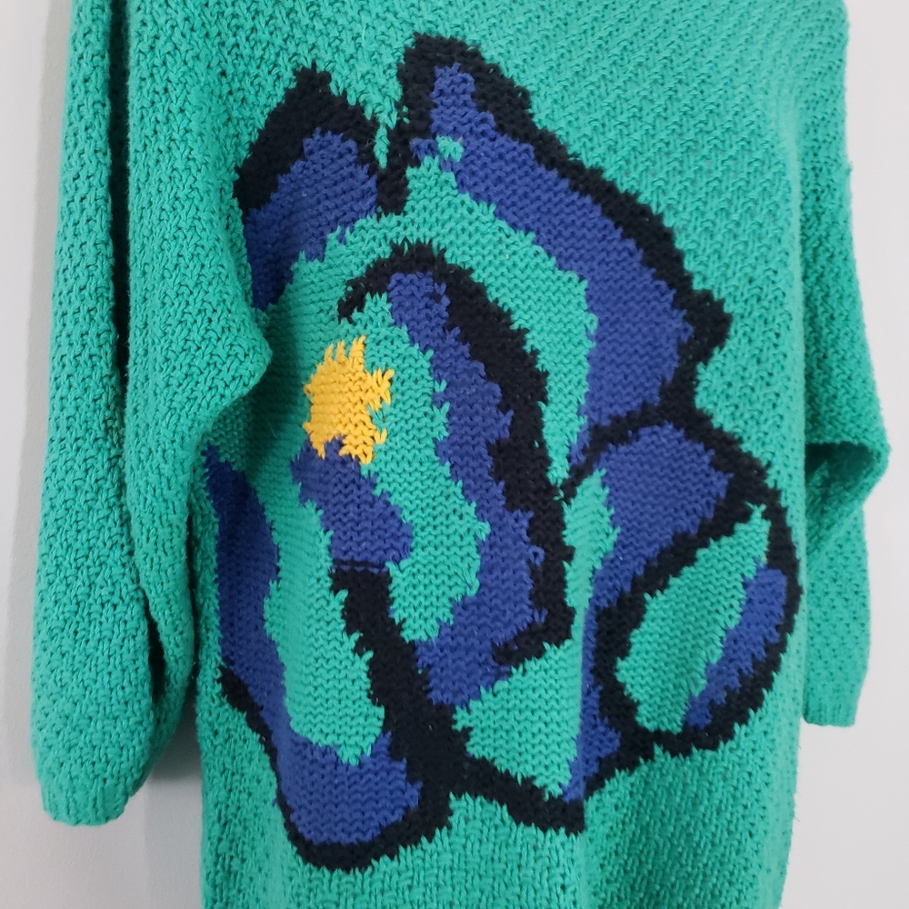 Lloyd Williams VTG 80s Green Abstract Floral Chunky Knit Sweater - Picture 5 of 7